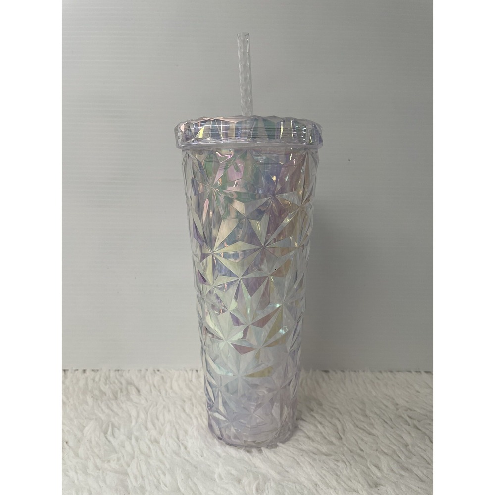 Iridescent Geometric Prism Tumbler with Lid and Straw Holographic Cold Cup‎ 24oz